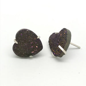 Purple Druzy Heart Stud Earrings